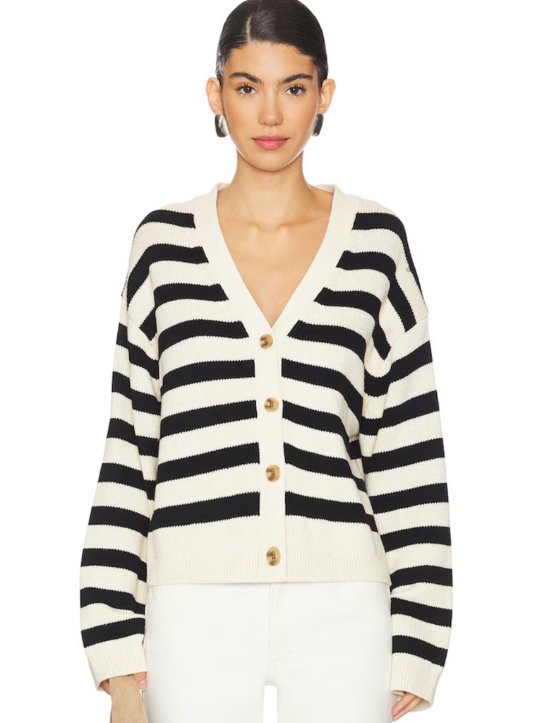 Magaschoni Women’s Stripe V-Neck Cardigan // Black & Cream // Medium